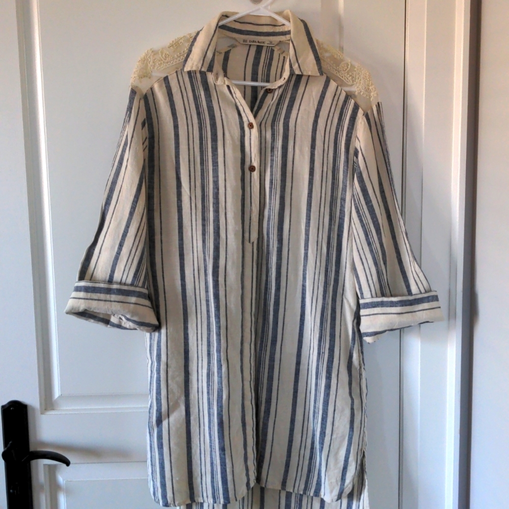 Zara 100% linen blue striped straight cut summer dress